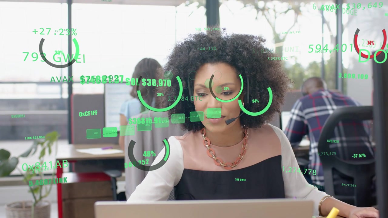 Reacting to green HUD, woman black top typing, tracking cryptos on laptop with headset at office