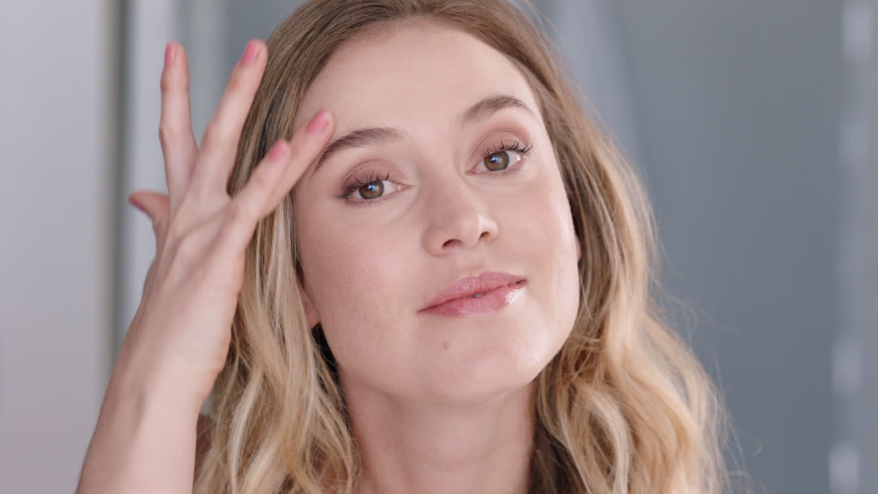 portrait beautiful caucasian woman looking in mirror at perfect skin enjoying natural complexion winking confidently getting ready at home