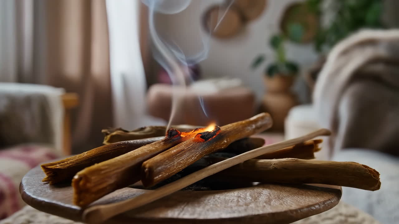 Bastoncini di Palo Santo che bruciano con fumo che sale in un ambiente domestico accogliente
