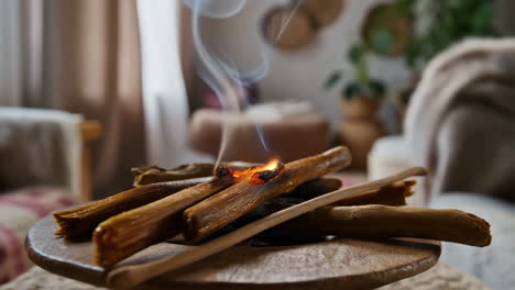 Burning Palo Santo Sticks with Rising Smoke in a Cozy Home Setting