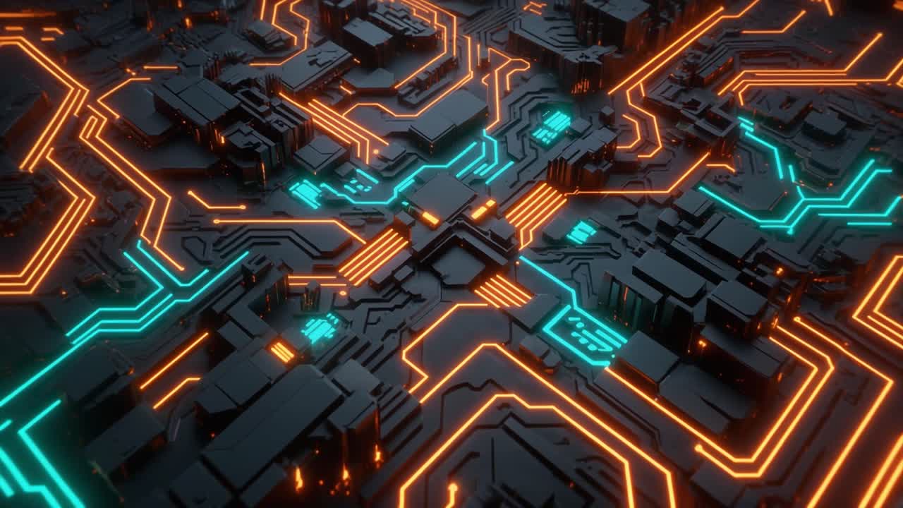 Abstract Digital Circuit Board with Glowing Orange and Teal Lines