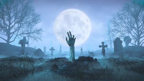 de hand van de zombie kruipt's nachts uit de grond tegen de achtergrond van de maan op het kerkhof.