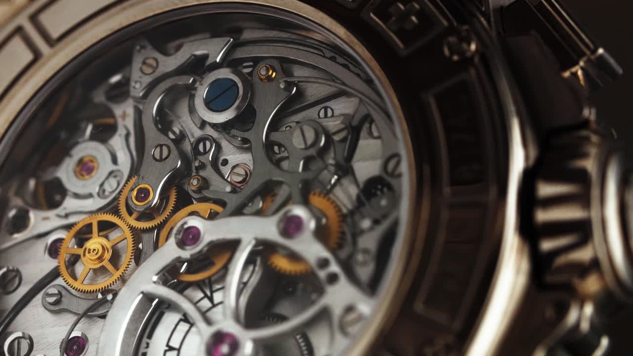 Extreme close-up of a luxury watch’s exposed mechanical movement, showcasing gears and cogs
