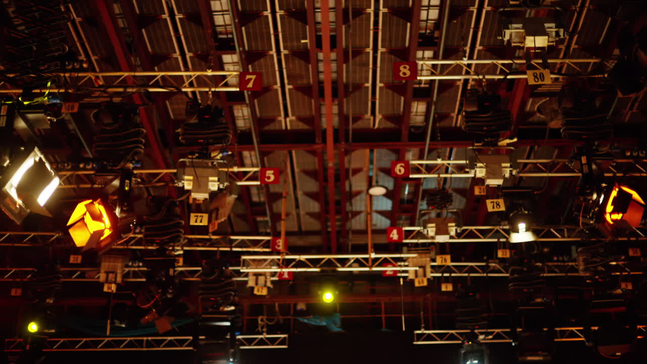 Flashing studio lights equipment on the ceiling of a TV set