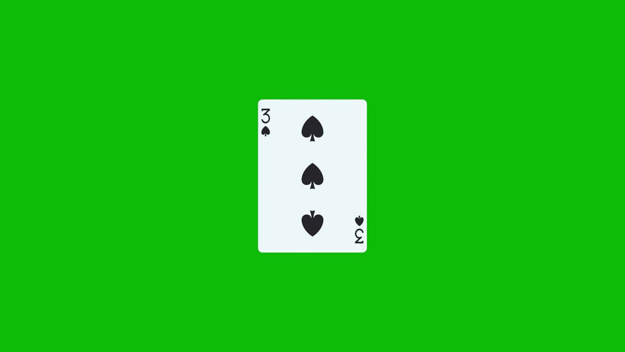 Three of spades poker card spins and reveals on green screen, 3D animation. You can adjust the timing of the clip to control the reveal effect