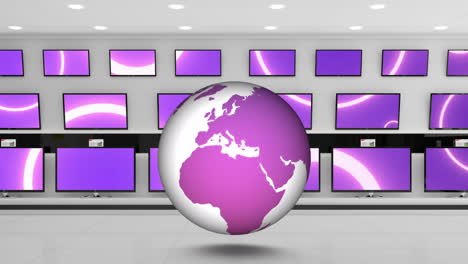animación del globo sobre la pared con pantallas de televisión