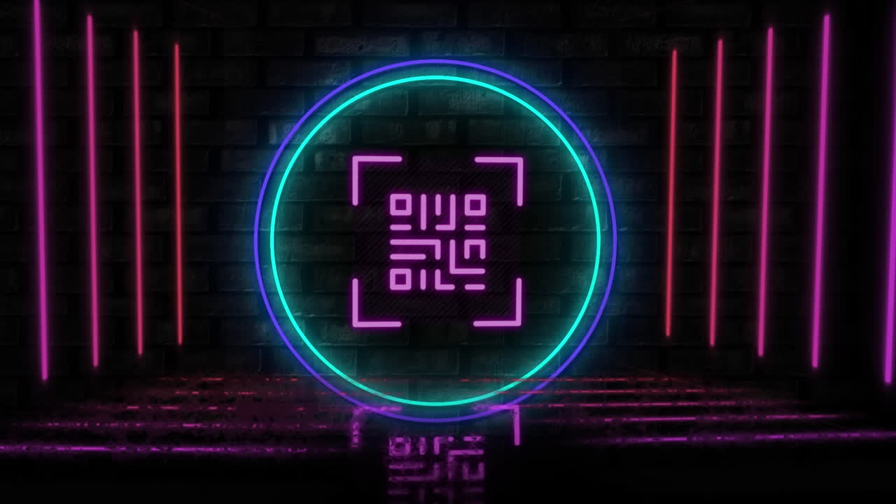 QR code scanner with neon elements against black background