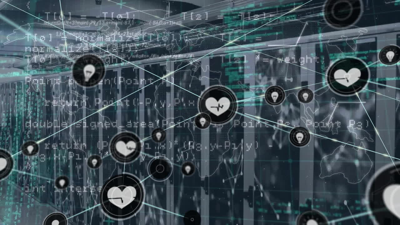 animación de la red de conexiones con iconos y procesamiento de datos a través de servidores informáticos