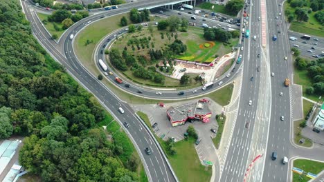 top down aerial view of highway intersection, camera moving back