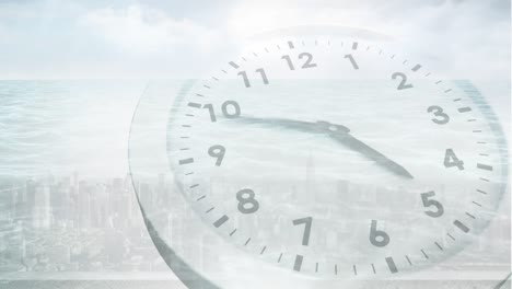 animation of moving clock over cityscape