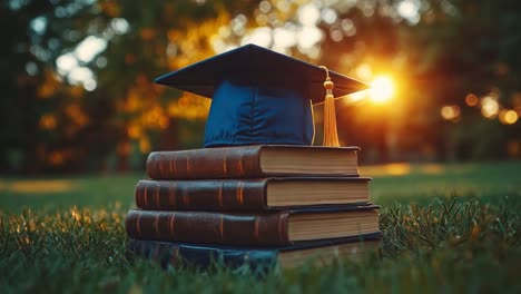 graduation cap on stack of books
