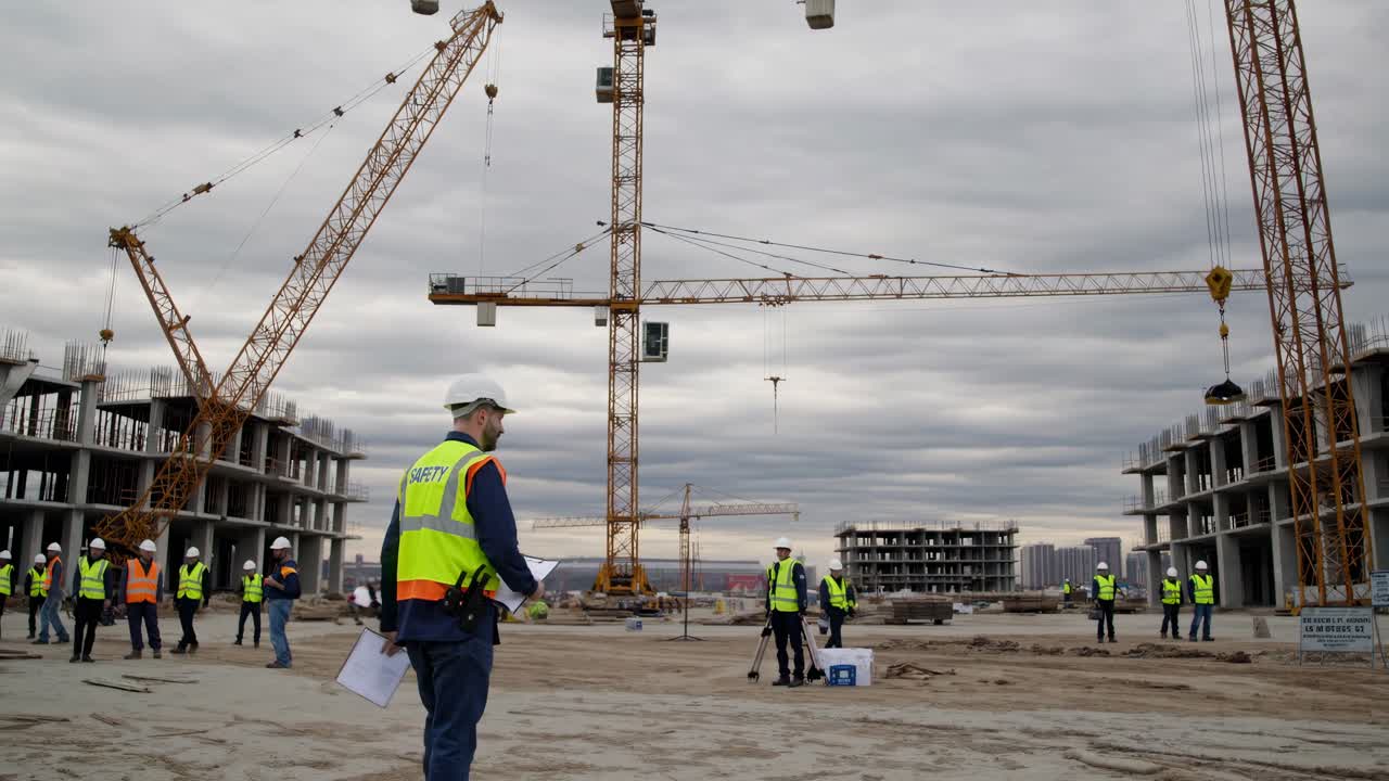 Wide-angle shot of a construction site with workers in safety vests and cranes