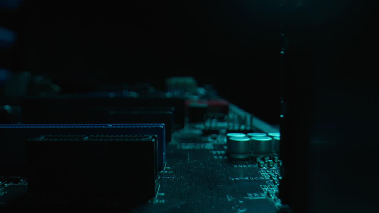 Closeup capacitors powering electronics in dark server environment macro view