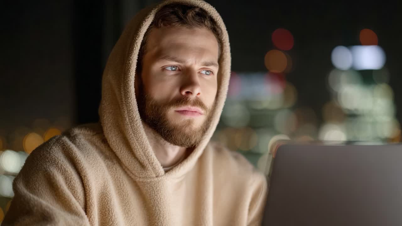 Focused Young Man in Hoodie Stares Intently at Laptop Screen, Surrounded by a Multicolored Cityscape at Night, Capturing the Essence of Modern Digital Life