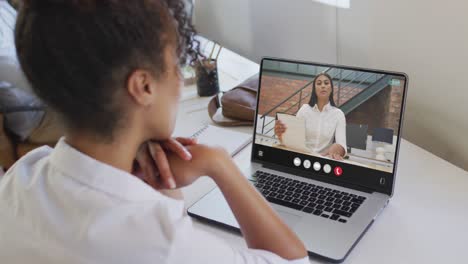 Mujer-Afroamericana-Usando-Una-Computadora-Portátil-Para-Videollamadas,-Con-Un-Colega-De-Negocios-En-La-Pantalla