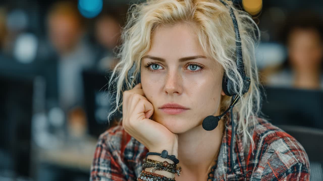 Concentrated Call Center Agent Displays Deep Focus and Thoughtfulness While Engaged in a Demanding Work Environment with Modern Technology and Communication Tools