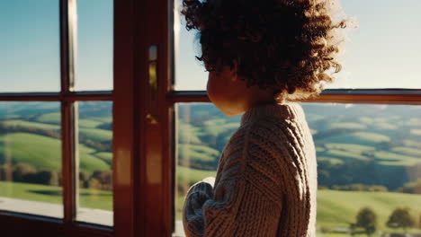 child looking through a window at a beautiful landscape