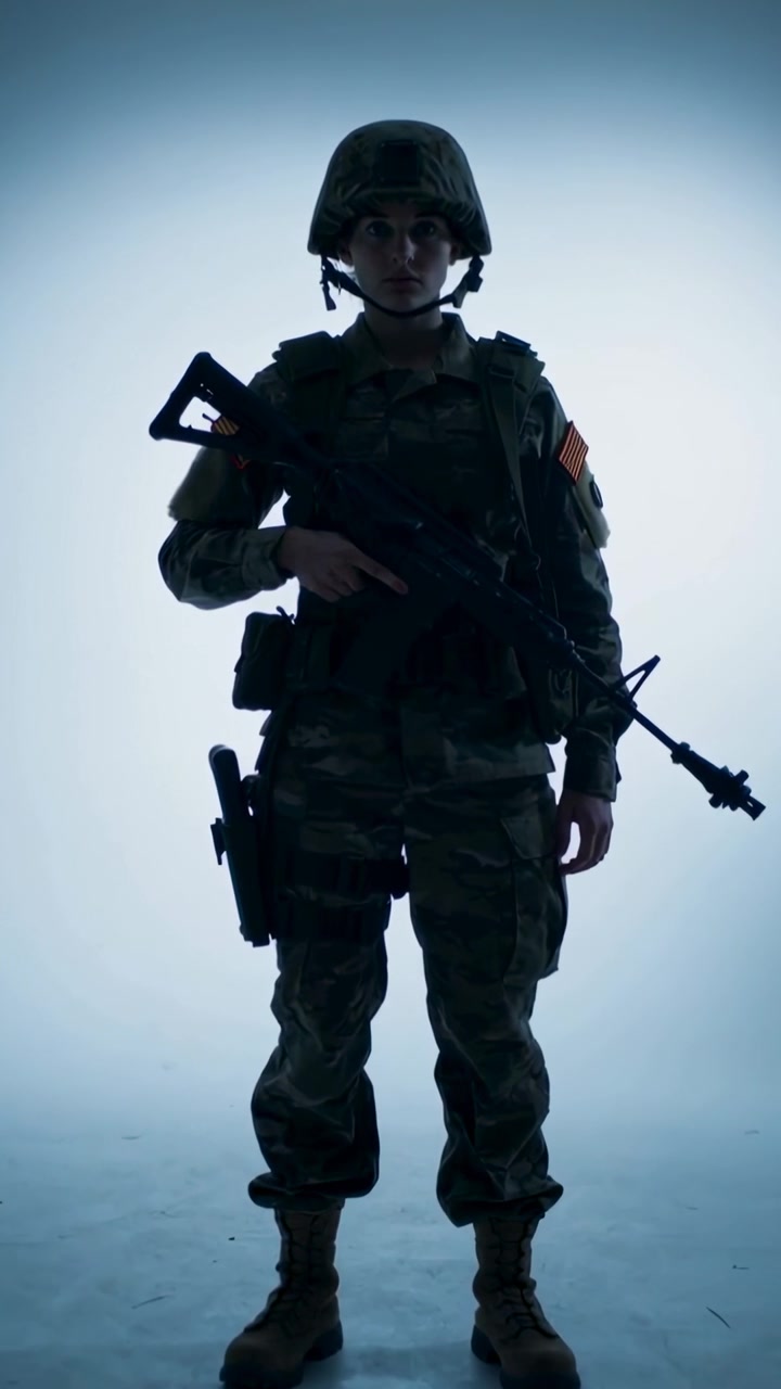 Vertical video: Lighting starting soldier in combat gear adjusting rifle for shoot with flag patch