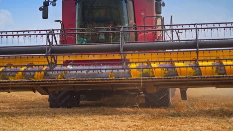 large red harvester comes closer to the camera. huge auger cuts the last spikelets. combine auger close up.
