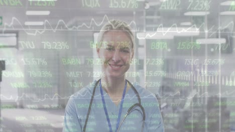 Animation-of-digital-interface-showing-statistics-with-doctor-looking-at-camera-and-smiling