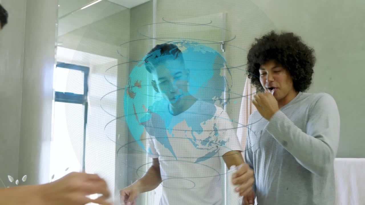 Deux hommes se toilettent, finissent de se coiffer, échangent un tube pour l’hygiène bucco-dentaire tandis qu’un globe bleu flotte sur le miroir