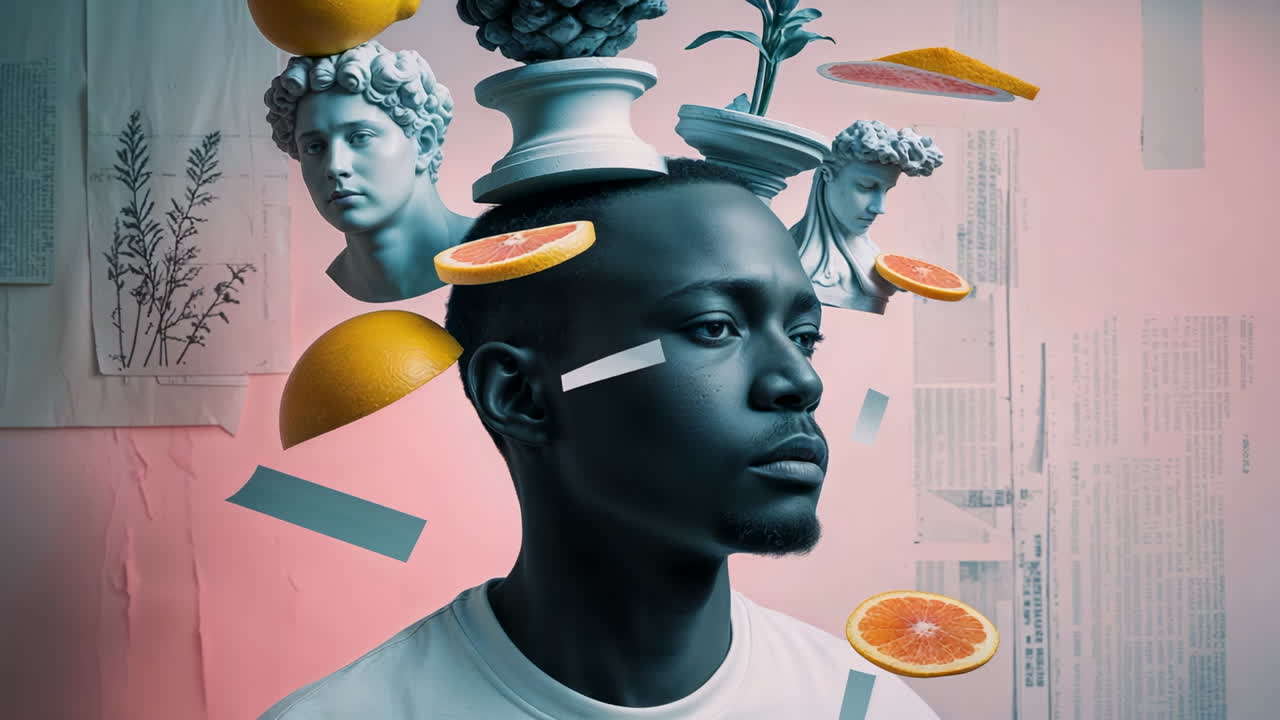 Surreal Portrait with Floating Objects and Classical Busts