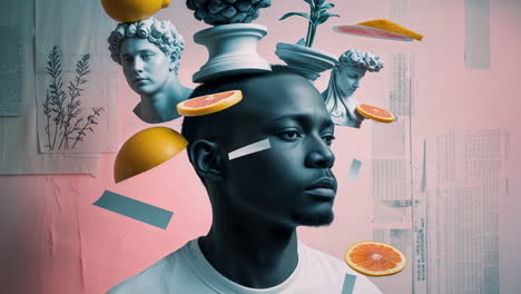 surreal portrait with floating objects and classical busts