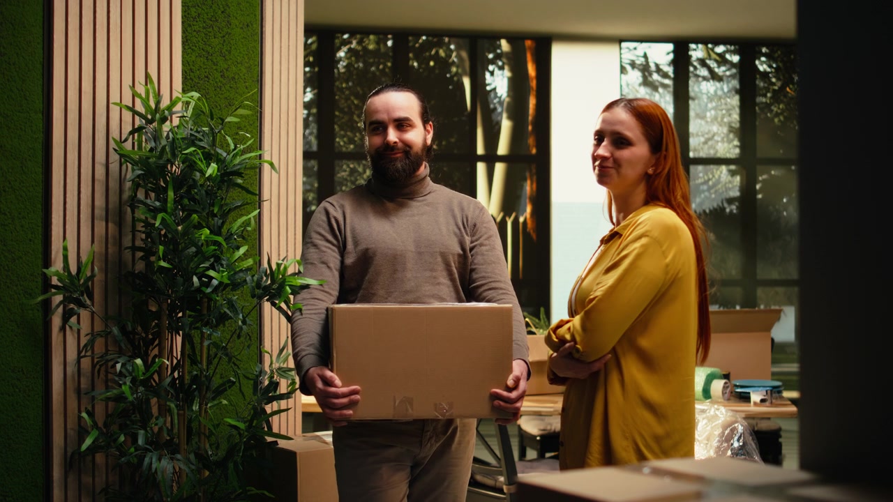 Colleagues Standing Together Holding Cardboard Box in Modern Office