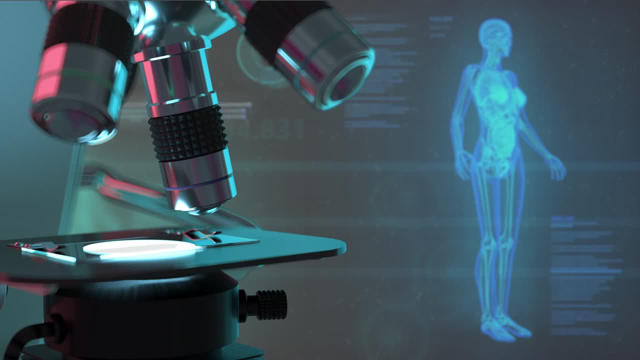 Concetto medico con microscopio elettronico su sfondo blu creativo con scansione a raggi X del corpo femminile, animazione 3D 4K 60fps UHD