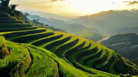 una vista de un campo de arroz verde con el sol poniéndose en el fondo