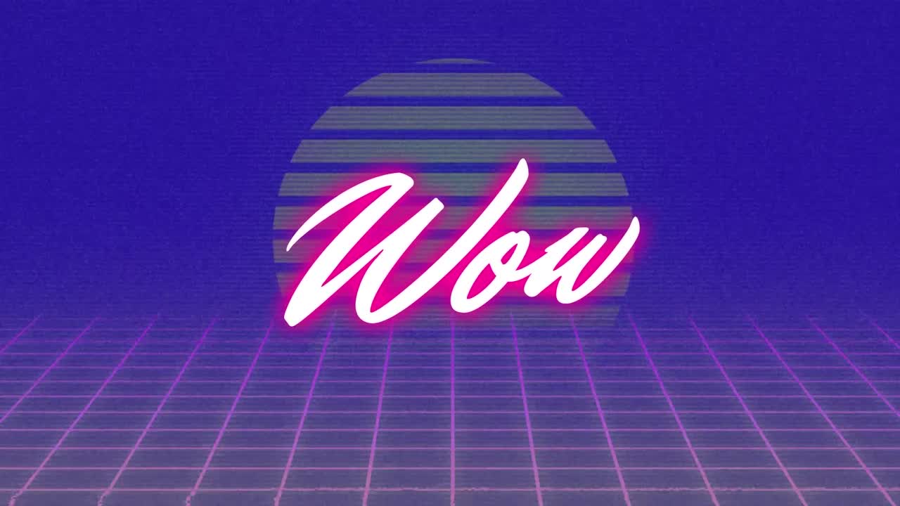 파란색 배경의 태양에 대한 이동 그리드 패턴 위에 분홍색 와우 텍스트의 애니메이션, 복사 공간