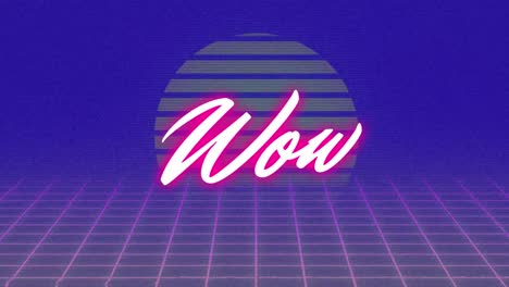 animación del texto rosa wow sobre el patrón de cuadrícula en movimiento contra el sol sobre fondo azul, espacio de copia