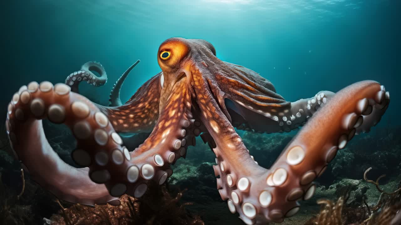 Fermo immagine video subacqueo di un polpo dai colori vivaci con tentacoli estesi.