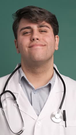 happy ethnic young man in white robe medical uniform on green background