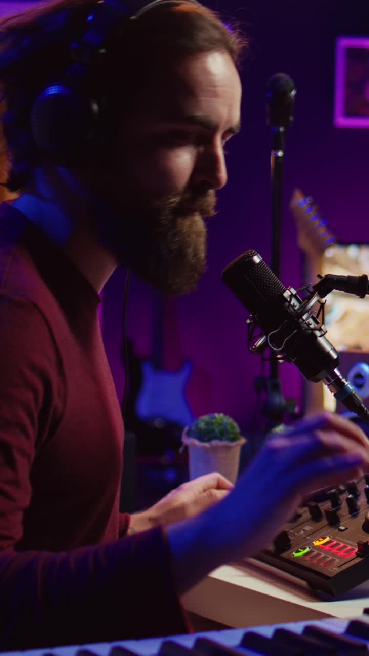 Bearded Man Wearing Headphones Producing Music in Home Studio