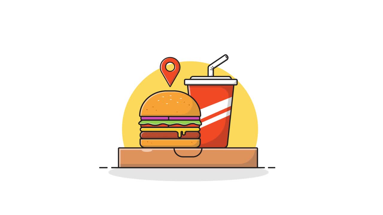 Animated Fast Food Order with Hamburger, Drink, and Location Pin