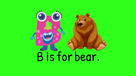 colorful animation with a playful monster and bear illustrating the letter b. bright green background enhances the educational theme