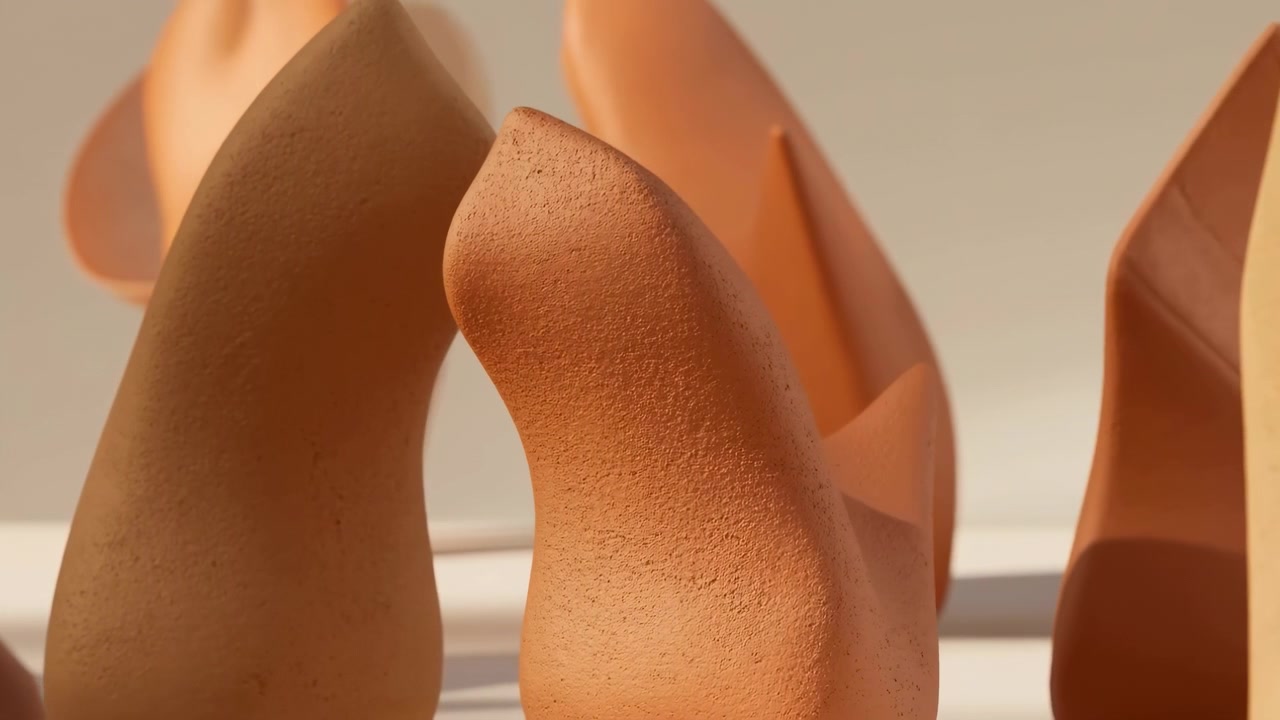 Primer plano de esponjas de maquillaje dispuestas sobre un fondo neutro, tonos terracota cálidos y beige, iluminación direccional suave.