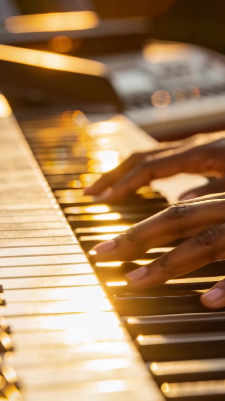 Vertical video: Playing musician's hands starting phrase, pressing keys at studio, rings glinting