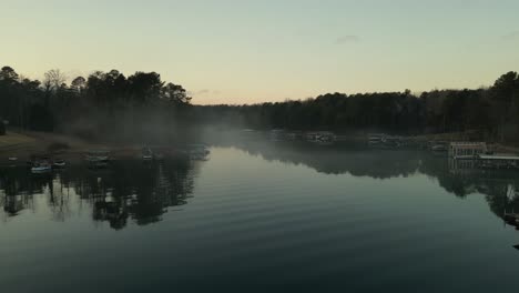 Aerial-view-of-lake-Lanier-on-a-foggy-day