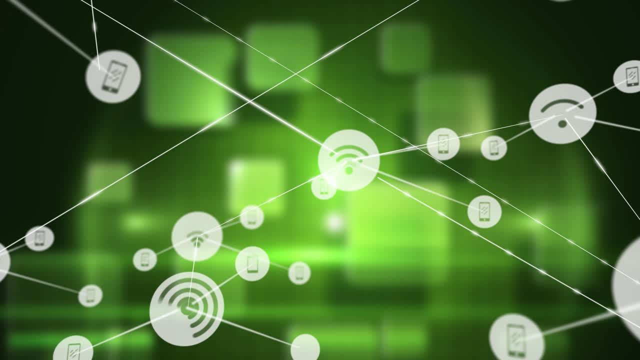 animación de la red de conexiones con iconos sobre un fondo verde brillante