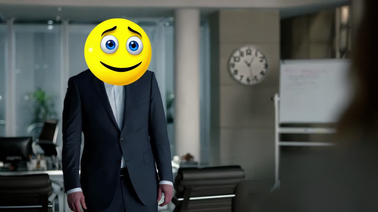 사무실 환경에서 이모지 머리를 가진 사업가