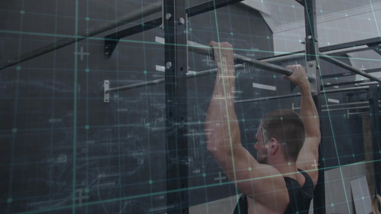 Male athlete gripping bar, performing pull-ups with pauses, building back strength under cyan HUD