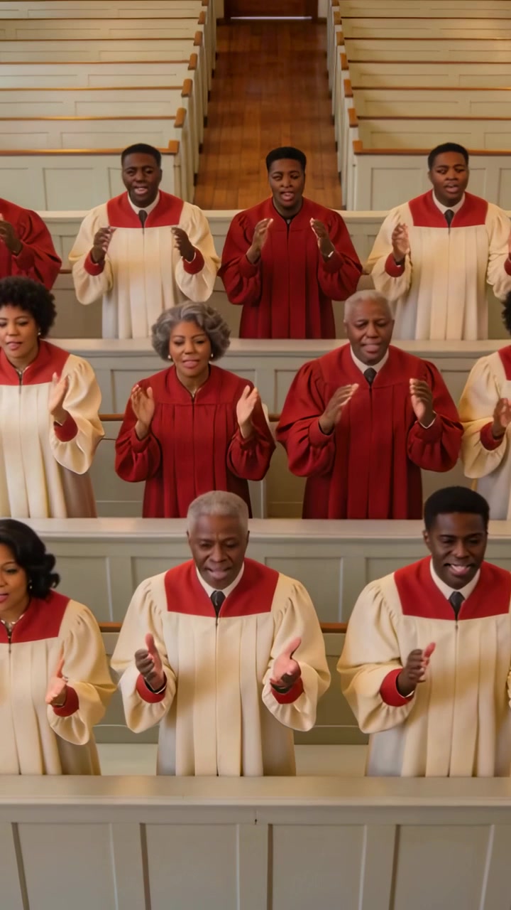 Video verticale: Musica che dà il segnale al coro, dalle mani giunte all'applauso e al canto in chiesa con le vesti