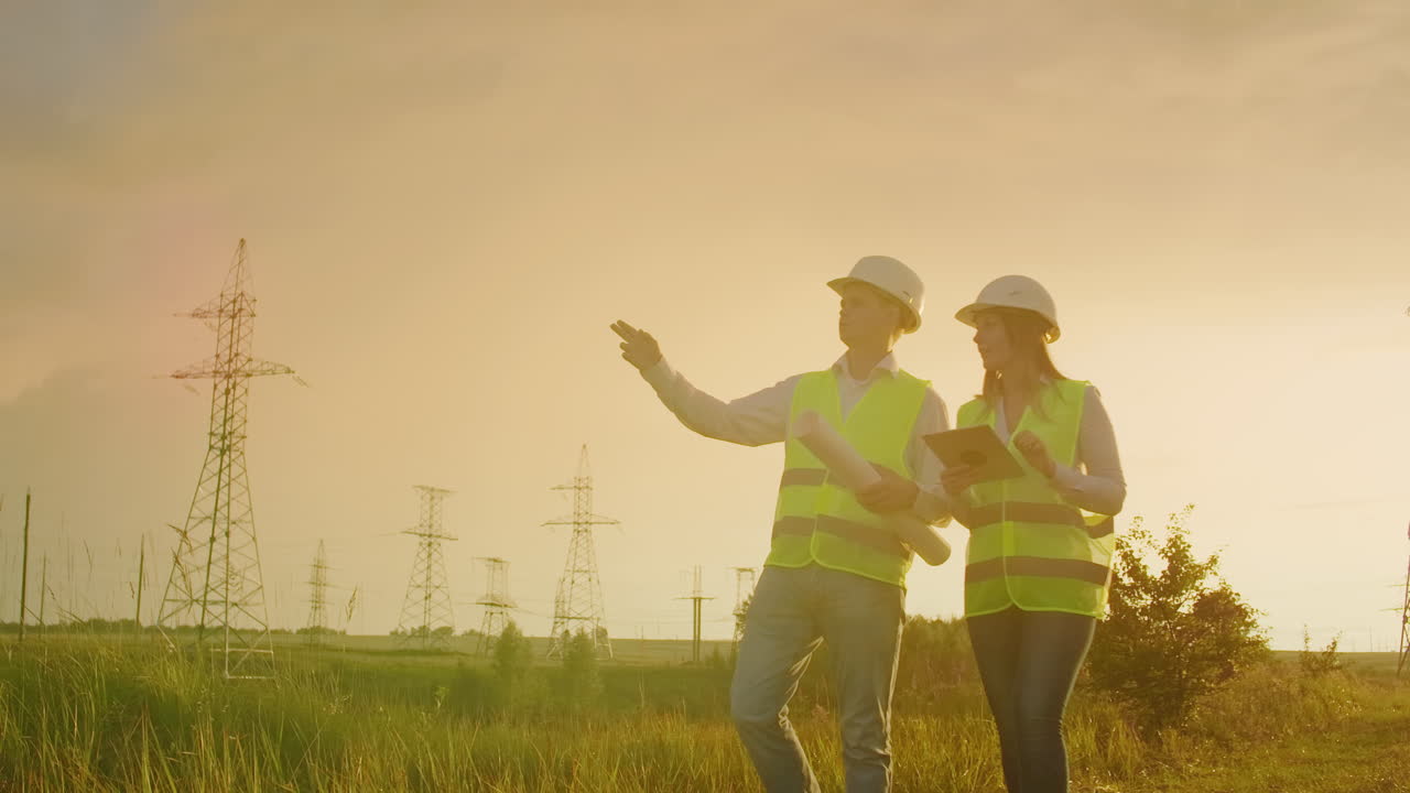 Ingeniero y supervisor con una tablet PC y los planos son sobre líneas y torres de transmisión y discuten el plan de expansión y el transporte de energía para pueblos y ciudades
