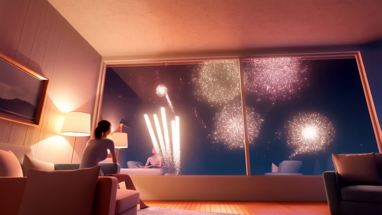 People Watching a Firework Display from an Apartment Window at Night