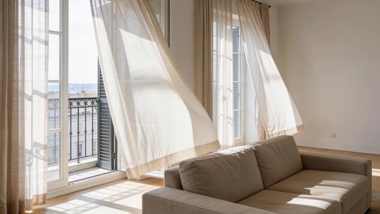 Tende velate beige che ondeggiano catturando la brezza del balcone in un soggiorno illuminato dal sole, proiettando una luce in movimento