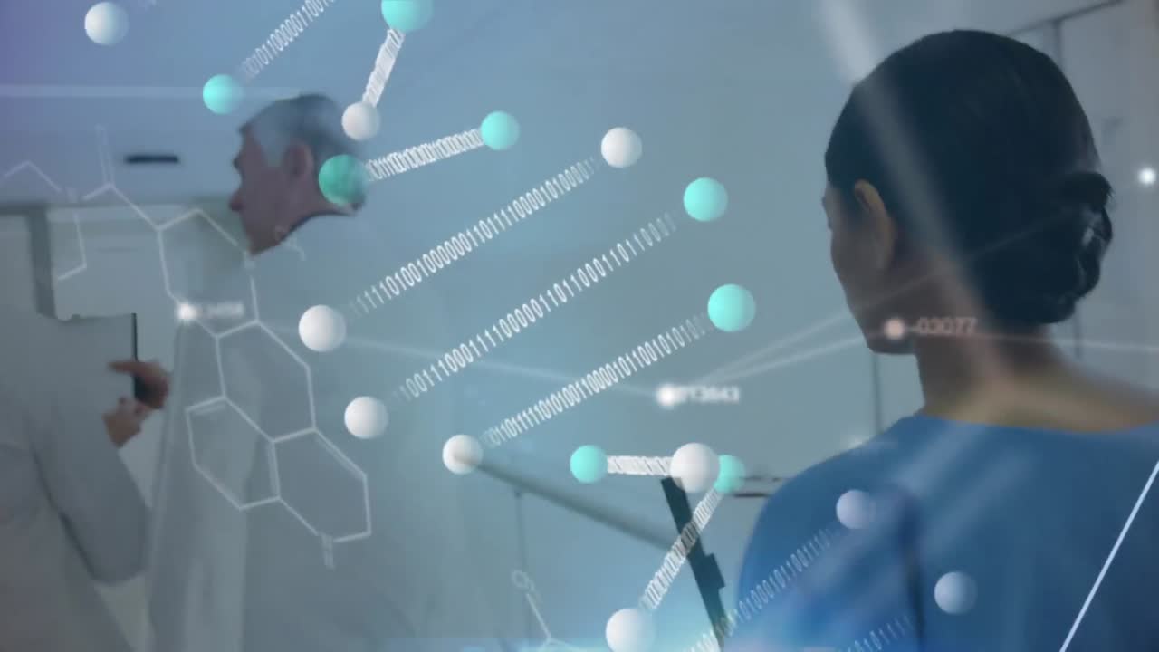 의료 데이터 처리 및 남성과 여성 의사에 대한 연결 네트워크의 디지털 애니메이션