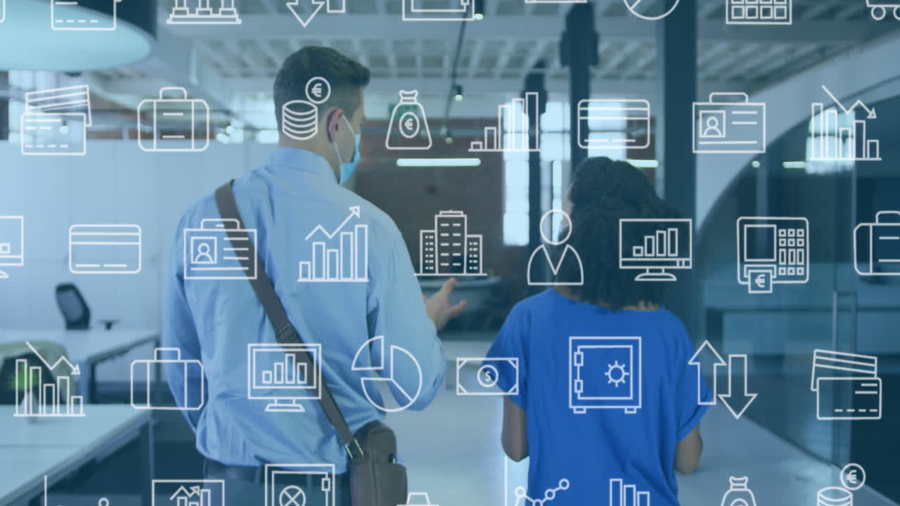 Animation of icons and data processing over diverse business people in office