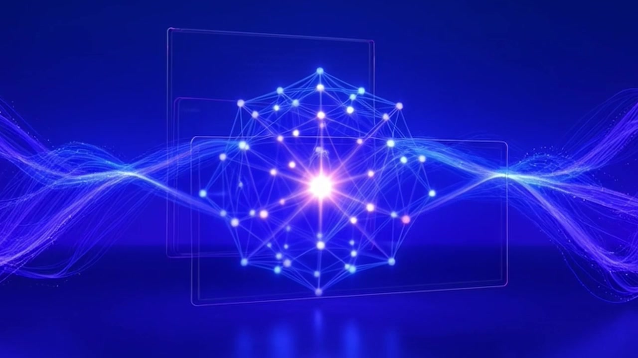 Sfera di rete digitale astratta con onde di luce fluenti.